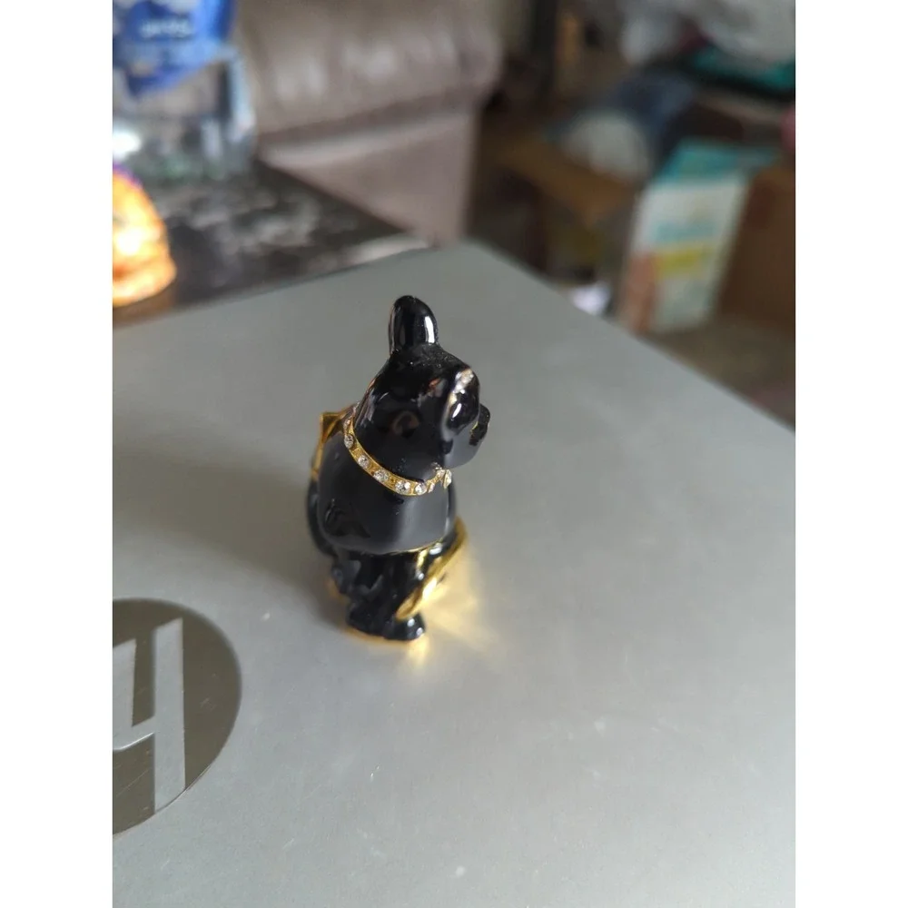 Black Cat Trinket Box Hinged Jeweled Collar Enameled  Heavy - Black Pink